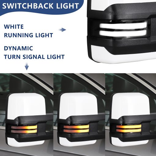Espejo de remolque Switchback para Chevy Silverado GMC Sierra 2007-2014 con cristal calefactado ajustable, luz de marcha integrada, luz de giro y luz de respaldo, pintado en blanco 8624 - Imagen 2