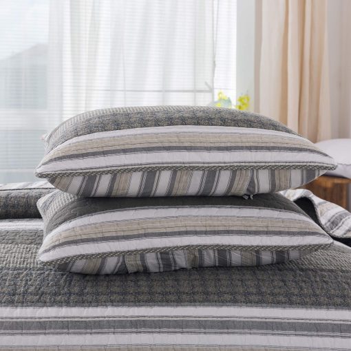 Juego de Edredon de Algodon Madrona 3 Piezas Soul & Lane - Tamano King con 2 Fundas de Almohada, Colcha Cuadrada Moderna y Masculina en Marron y Gris, Ropa de Cama a Rayas Contemporanea para Dormitorio de Hombres - Imagen 2