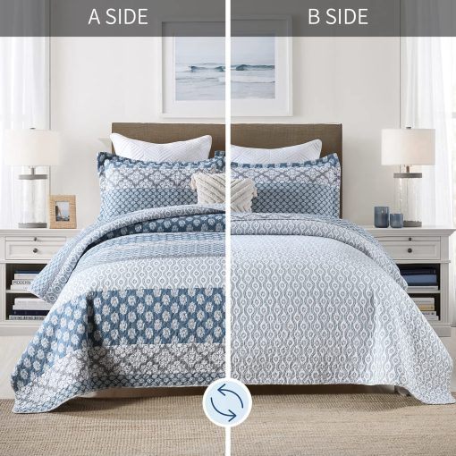 SahSahCasa Quilt King Size, Juego de Edredon King, 100% Algodon Edredon Floral, Juego de Edredon King, Colchas de Cama, Colchas Reversibles Acolchadas Ligeras para Todas las Estaciones, Azul/Gris, 3 Piezas - Imagen 6