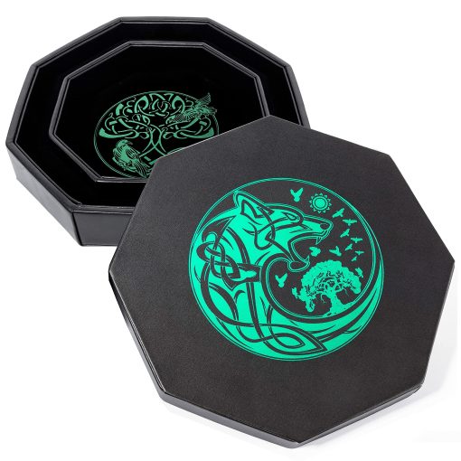 Bandeja de Dados DND - Bandeja de Dados Premium de 8 Pulgadas Dungeons and Dragons - Diseno Exquisito Detallado del arbol del Mundo Verde y Lobo Cuervo - Bandeja Perfecta para Tirar Dados de RPG con Almacenamiento de Dados de D&D - Imagen 4