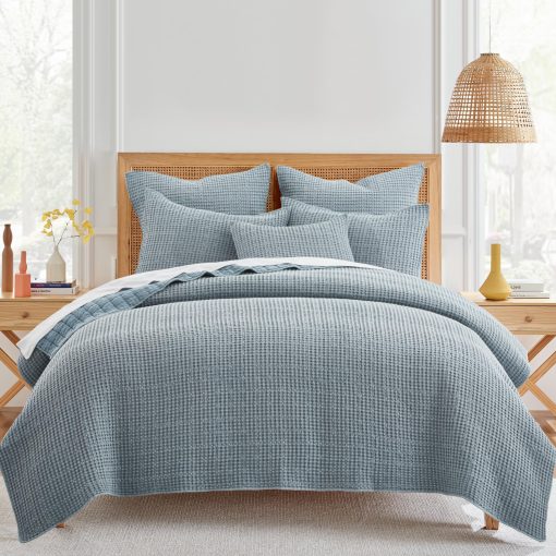 Levtex Home - Mills Waffle - Juego de edredon Full/Queen - Algodon Waffle Chambray - Tamano del edredon (88 x 92in.), Tamano de la funda de almohada (26 x 20in.)