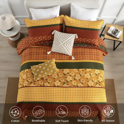 Colcha de Algodon Quilta 100% Tamano Queen - Rojo/Naranja/Amarillo - Juego de Colcha a Rayas con Patron Floral, Edredon Ligero, Cubrecama Suave para Decoracion del Hogar en Todas las Estaciones, Juego de Edredon Vintage - Imagen 2