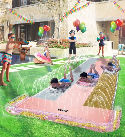 POZA Inflable Triple Deslizador Gigante con 3 Tablas de Bodyboard - Lujoso Juego de Agua Deslizante Triple con Rociador Incorporado, Carrera de Deslizamiento de Tres Carriles en el Patio Trasero - 18 Pies - Imagen 2