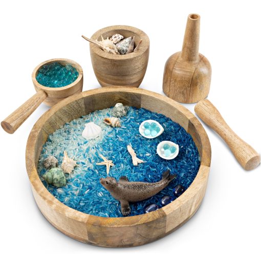 Bandeja sensorial redonda KOOKAROO + 4 herramientas de caja sensorial de madera, juego de vertido Montessori, juguetes Waldorf, cajas sensoriales para ninos de 3 a 4 anos, bandeja de arena, bandeja Montessori, bandejas sensoriales, cuchara de madera, juguetes tactiles.