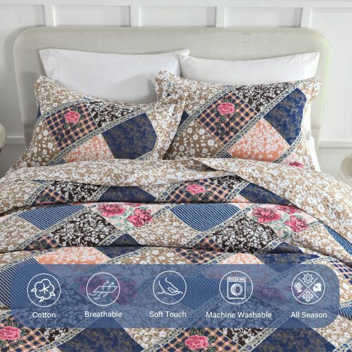 Colcha de Cama de Gran Tamano Finlonte 128"x120" - Colcha de Gran Tamano California King 100% Algodon, Colcha de Retazos de Granja, Colcha Reversible Ligera, Juego de Ropa de Cama, Cafe/Azul Marino - Imagen 6