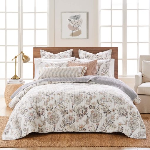 Juego de Colcha Levtex Home - Ophelia - Colcha y Dos Fundas Estandar - Floral - Gris Taupe Crema Rosa - Colcha (90x94 pulg.) y Fundas (20x26 pulg.) - Reversible - Rayon/Algodon