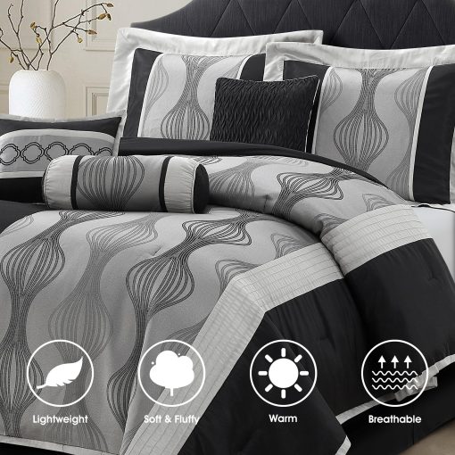 Juego de Edredon California King LANCO MODERN LIFESTYLE, Negro Plata, 7 Piezas en un Bolso, Jacquard con Piezas Solidas, Set de Cama de Lujo con Edredones, Falda de Cama, Fundas de Almohada y Cojines Decorativos - Imagen 2
