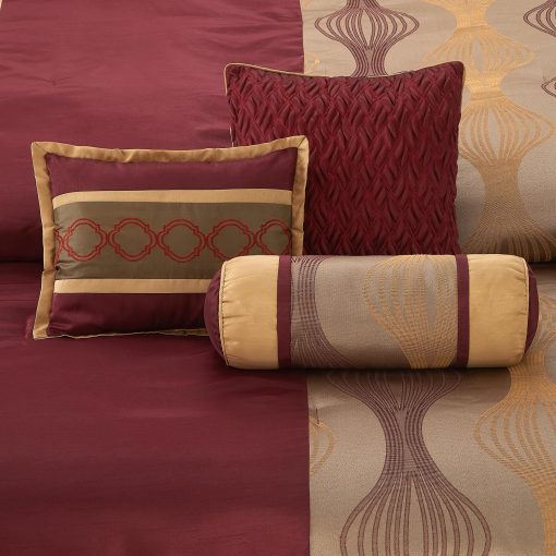 Juego de Edredon LANCO MODERN LIFESTYLE Queen, Vino Oro, 7 Piezas con Sabana, Jacquard Ultra Suave con Piezas Solidas, Juego de Lujo con Edredones, Falda de Cama, Fundas de Almohada y Cojines Decorativos - Imagen 4