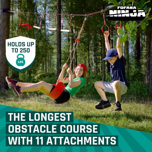 Obstaculo de Ninja mas grande de 65 pies para Ninos al Aire Libre - Incluye Tirolesa Ninja Slider - 11 Obstaculos de Ninja - Escalera de Cuerda, Rueda Giratoria, Anillas de Gimnasia, Barras de Mono, Polea - Imagen 3