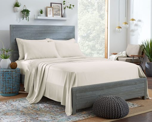 Juego de sabanas Stylinen 100% organicas de eucalipto tamano California King 4 piezas, Lyocell de Tencel, suaves y transpirables, bolsillos profundos de 16 pulgadas, 1 ajustable, 1 plana, 2 fundas de almohada (California King, marfil)