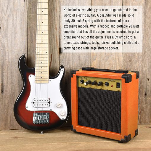 Guitarra Electrica Master Play de 30 Pulgadas, Para Ninos/Principiantes Con Kit de Inicio Completo, Amplificador de 20 Vatios, 6 Cuerdas Extra, Puas, Estuche para guitarra, Correa de hombro, Afinador digital, Cable, Pano de lavado Sunburst - Imagen 4