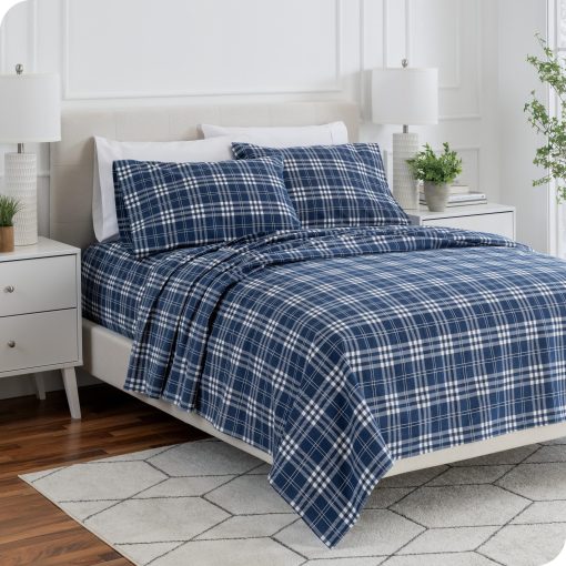 Juego de sabanas de franela Bare Home Prints, 100% algodon, suave y pesado - Franela de doble cepillado para mayor suavidad y comodidad - Bolsillo profundo - Sabanas (Split King, Stirling Plaid - Azul/Blanco) - Imagen 3