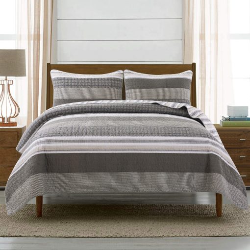 Juego de Edredon de Algodon Madrona 3 Piezas Soul & Lane - Tamano King con 2 Fundas de Almohada, Colcha Cuadrada Moderna y Masculina en Marron y Gris, Ropa de Cama a Rayas Contemporanea para Dormitorio de Hombres
