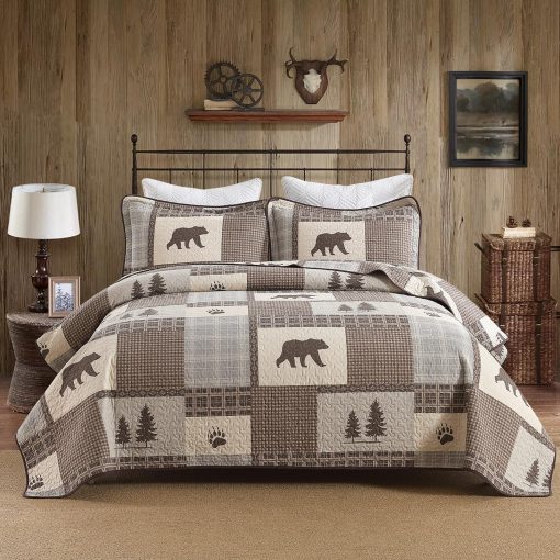 Colcha de Granja Quilta Tamano King - Juego de Ropa de Cama de Patchwork a Cuadros de Algodon 100% con Patron de Animales, Suave y Ligero Colcha Bohemia de 3 Piezas para Todas las Estaciones, Marron/Beige