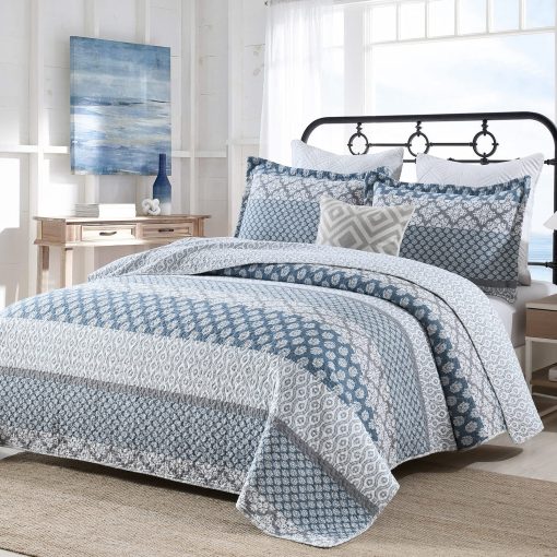 SahSahCasa Quilt King Size, Juego de Edredon King, 100% Algodon Edredon Floral, Juego de Edredon King, Colchas de Cama, Colchas Reversibles Acolchadas Ligeras para Todas las Estaciones, Azul/Gris, 3 Piezas - Imagen 2