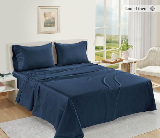 Juego de sabanas de algodon egipcio Egipciano 100% LANE LINEN - 1000 hilos 4-Piezas para Cama King California, Sabana de algodon de fibra larga, Tela de saten, Sabanas de hotel de lujo, Para colchones de hasta 16" - Azul Estate - Imagen 2