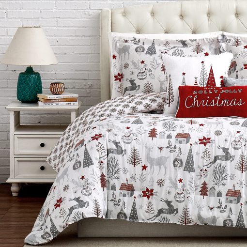 Set de Edredon navideño Southshore Fine Living, tamaño King con Fundas de almohada, Juego de Ropa de Cama navideña, Set de Edredon King/California King de 3 Piezas, arbol de Navidad y Reno Feliz Navidad, Rojo y Blanco - Imagen 6