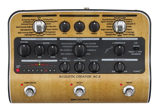 Zoom AC-3 Acoustic Creator, DI Acustico con Restauracion de Tono, Modelado Acustico, 9 efectos, Compresion, Afinador, Reverb, Ecualizador y Anti-Feedback
