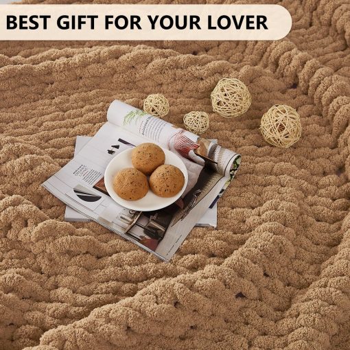Manta de Punto Grueso L'AGRATY: 60''x80'' Manta Tejida de Chenille Grueso para Cama Sofa - Manta de Gran Punto Grueso Hecha a Mano - Manta de Ganchillo Grande para Decoracion del Hogar (Beige) - Imagen 6