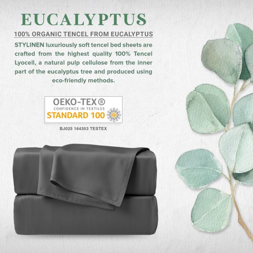 Juego de sabanas de cama Stylinen 100% Organicas de Eucalipto Tamaño Queen 4 Piezas, Lyocell de Tencel, Suaves y Sedosas, Transpirables, Bolsillos Profundos de 16 Pulgadas, 1 Ajustable, 1 Plana, 2 Fundas de Almohada (Queen, Carbon) - Imagen 2