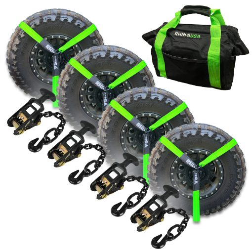 Correas de amarre de trinquete para automovil Rhino USA (4PK) - Resistencia minima de rotura de 10,000 lb, incluye (4) correas de lazo reforzadas de 2 pulgadas x 96 pulgadas - Correas de amarre resistentes para neumaticos para camiones, autos, remolques y mas!