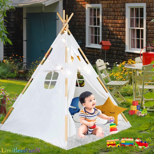 Tienda de campana para ninos LimitlessFunN Cotton Teepee | Incluye Bolsillos, Postes de Madera, Base Impermeable, Luces de Estrellas, Plumas y Estuche | Casa de Juegos Infantil para Ninos, Ninas y Ninos, 47"D x 47"W x 57"H - Imagen 4