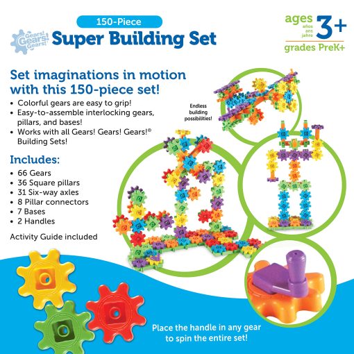 Set de Construccion Learning Resources Gears! Gears! Gears! Super Building Toy, Juguetes STEM, Juguetes de Construccion, Engranajes para Ninos, 150 Piezas, Edades 3+ - Imagen 6