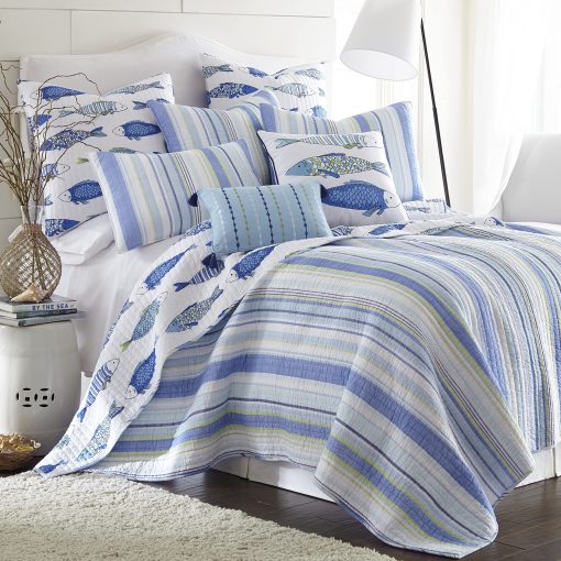 Juego de Edredon Levtex Home - Catalina - Edredon Tamano Completo/Queen (88x92in.) + Dos Fundas de Almohada Estandar (26x20in.) - Patron a Rayas Costeras en Azules y Verdes - Reversible - Tela de Algodon