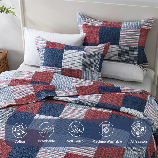 Juego de Colcha Queen Size Finlonte - Juego de Cama de Colcha de Algodon 100% Azul Rojo Blanco Cuadros Granja, Colcha Reversible Ligera Suave, Cubrecama Acolchado para Todas las Estaciones, 3 Piezas - Imagen 4