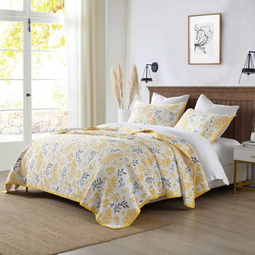 Juego de edredon Mescore para cama King, edredon floral 100% algodon juego de colchas tamano king, juego de ropa de cama ligero reversible para cama King, todas las estaciones, amarillo gris 3 piezas - Imagen 2