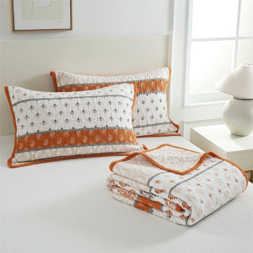Juego de Edredon King Qiqiong, Floral 100% Algodon Juego de Ropa de Cama Edredon de Granja Tamano King Ligero Reversible Juego de Comforter para Cama King Colcha, 3 Piezas Naranja Blanco - Imagen 6