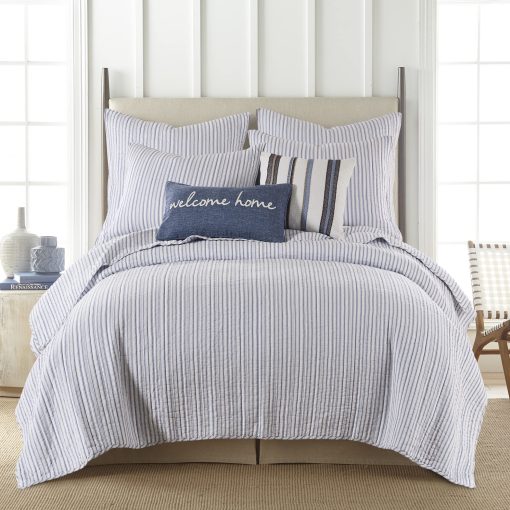 Set de Colcha Levtex Home - Tobago Stripe Azul - Colcha Full/Queen + Dos Fundas de Almohada Estandar - Blanco, Azul - Tamano de la Colcha (88x92 pulg.) y Tamano de la Funda de Almohada (26x20 pulg.) - Reversible - Tejido de Algodon - Imagen 2