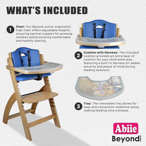 Silla Alta de Madera Convertible Abiie Beyond Junior para Bebes y Ninos Pequenos. Silla Alta Ajustable 3 en 1 con Bandeja Extraible, Facil de Limpiar, Portatil. De 6 Meses a 250 Lb. Madera Natural/Cojin Azul - Imagen 3