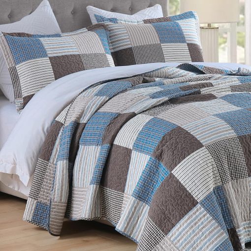 Colcha de cuadros para cama Queen Size Y-PLWOMEN - 100% algodon, colcha de algodon ligera y transpirable con 2 fundas de almohada, juego de ropa de cama, azul marron, Queen (90 * 98 pulgadas) - Imagen 2