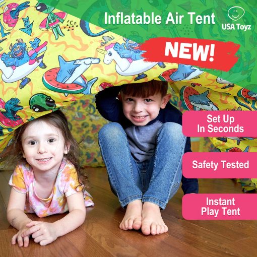 USA Toyz Air Dome Dinosaur Shark Pop Up Tent for Kids - Tienda inflable para ninos con ventilador de aire, Facil de Configurar, Ventana de Malla, Tienda de Juego Inflable para Ninos Edades 3+ (Amarillo) - Imagen 2