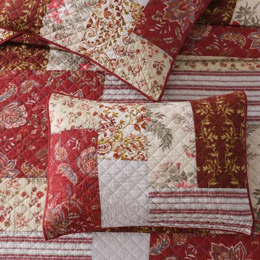 Juego de Edredon Navideno Travan de Algodon con Puntadas Reales Tamano King Juego de Ropa de Cama Acolchado Reversible con Fundas (Rojo Floral con Puntadas Reales, King 106"x92") - Imagen 4