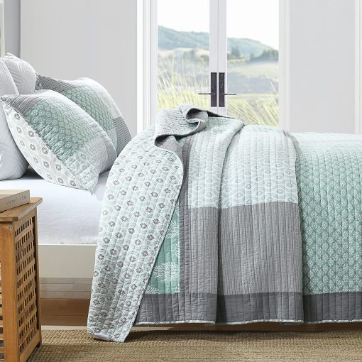 Edredon Queen Size Y-PLWOMEN, 100% algodon, suave y ligero, colcha de cama verde gris blanco, colcha reversible de patchwork, juego de ropa de cama para todas las estaciones, 3 piezas - Imagen 3