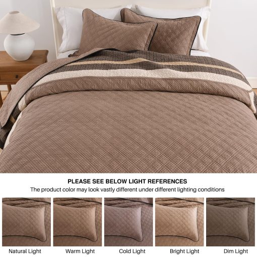 Colcha de Cama DDUOXIN Super King 120" Ancho x 120" Largo - Ligera Colcha de Algodon 100% Extra Grande con 2 Fundas de Almohada, Cubrecamas Reversible Estilo Granja, Juego de Ropa de Cama, Marron Oscuro/Marron/Beige - Imagen 7