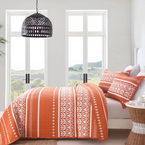 Colcha King Size Qiqiong, Juego de Colcha Boho Naranja 100% Algodon Colcha Bohemia a Rayas King Bedspread Juego de Ropa de Cama Ligera Edredon Reversible Cubrecama para Verano, Naranja Blanco 3 Piezas - Imagen 3