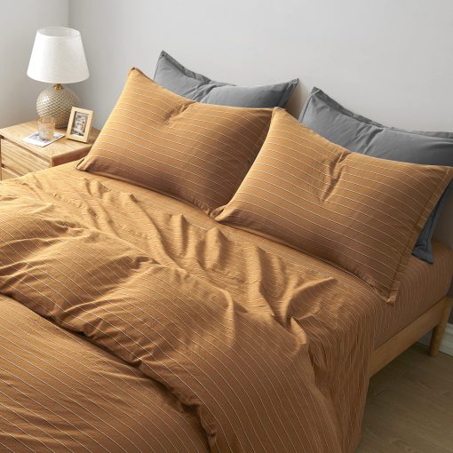 Juego de sabanas ajustables de algodon chambray a rayas retro Eikei estilo moderno de mediados de siglo con sensacion suave y arrugada natural (Cobre, King)