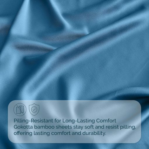 Juego de sabanas de lujo para cama tamano Queen GOKOTTA de 4 piezas, 100 % rayon derivado del bambu, mas suave y fresco que el algodon, sabana ajustable de bolsillo extra profundo de 24" con correas elasticas en las esquinas, Azul - Imagen 5