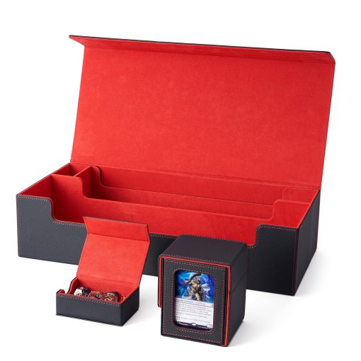 Caja de Mazo Venssu MTG para 5 Cajas de Cartas con Tapete y Caja de Dados, Incluye 10 Separadores Coloridos y 1 Soporte de Carta, Caja de Almacenamiento de Cartas de Juego para Magic Game Cards (Negro y Rojo)