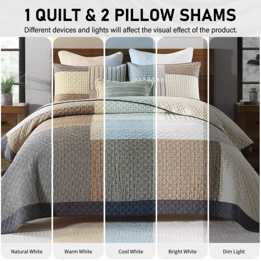Juego de Ropa de Cama PERHOM - Edredon Ligero Queen 100% Algodon, 3 Piezas Colcha/Cubrecama a Cuadros de Estilo Granja, Marron Beige Gris, Todas las Estaciones, Queen (98"x90") - Imagen 8