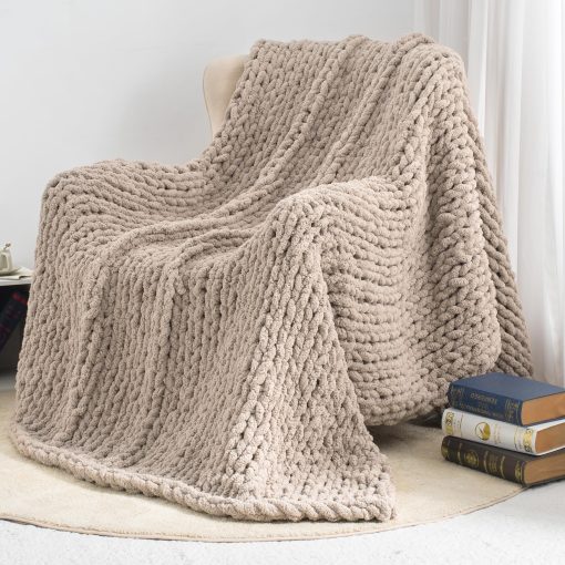 Manta de Punto Grueso para Lanzar 60"X 80", 100% Hecha a Mano con Hilo de Chenille Suave, 6.7lbs Mantas Gruesas de Punto de Cable, Grandes Lanzamientos de Ganchillo de Nudo de Cuerda para Sofa de Cama Decoracion del Hogar, Taupe - Imagen 7