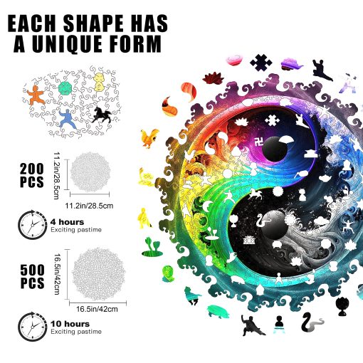 Rompecabezas de madera unico Mys Aurora - Yin Yang Mandala, 500 piezas tamano King 16.8" x 16.8", Rompecabezas de madera original Mandala, Paquete hermoso, Mejor regalo para adultos - Imagen 2