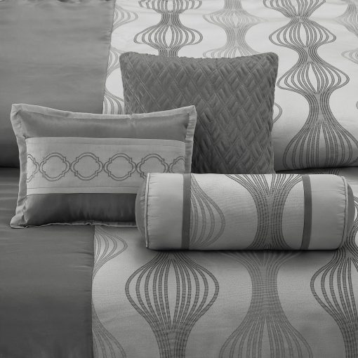 Juego de Edredon LANCO MODERN LIFESTYLE King, Gris, 7 Piezas en una Bolsa, Ultra Suave Jacquard con Piezas Solidas, Juego de Cama de Lujo con Edredones, Falda de Cama, Fundas de Almohada y Cojines Decorativos - Imagen 8