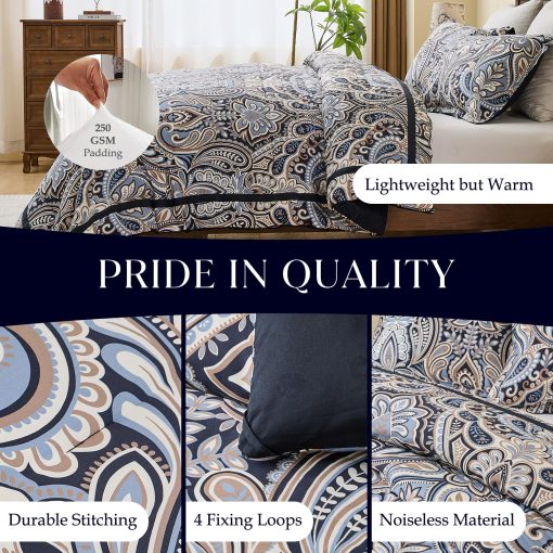 Juego de Edredon Damasco Paisley PlushVibes - Juego de Reversible de Cama de Lujo Tamano Queen 100% Algodon, Ligero 400TC con 2 Fundas para Almohadas, Negro Beige Marron - Todo el Ano 90"x90" - Imagen 5