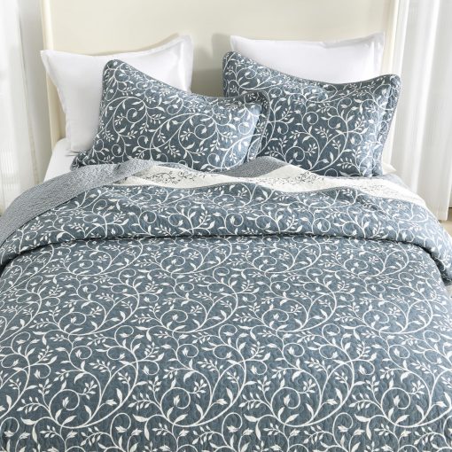 SahSahCasa 100% Algodon 128"x120" Colcha de California King XL Extra Grande, Cubrecama Edredon, Colcha Cal King Acolchada Extra Grande, Colcha Ligera, 3 Piezas, Gris Azulado/Blanco - Imagen 7