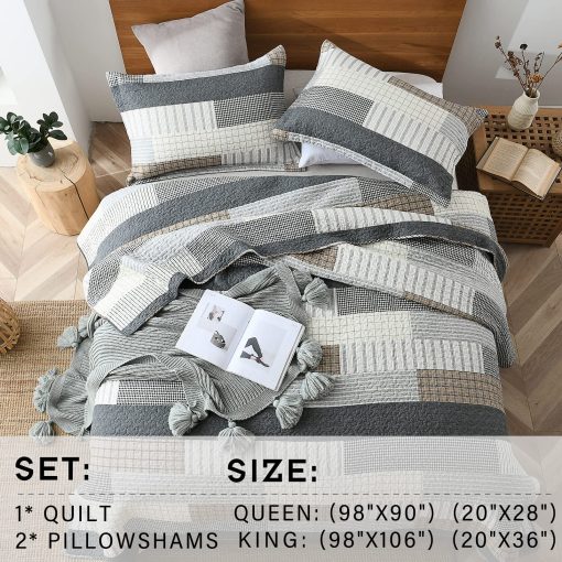 Colcha King Size PERHOM - 100% Algodon Estilo Rustico para Cama King, Juego de Colcha King Edredon para Cama, Ligera y Calida, Gris/Marron/Beige - Imagen 7