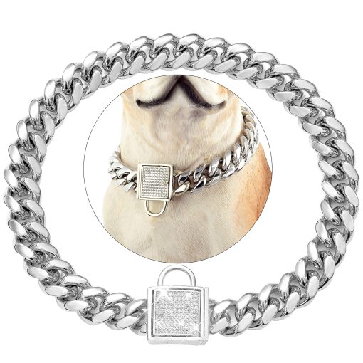 Collar de Cadena para Perro con Cierre de Circonia, Collar de 10MM de Metal Plateado de Lujo para Perro Bling Gato Collar Pequeno (10MM, 12")
